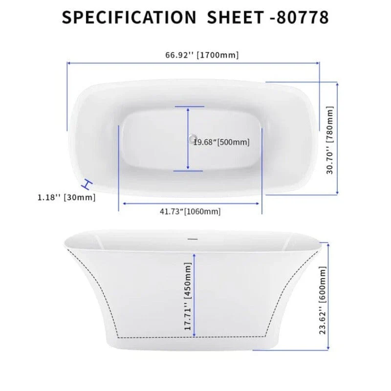 67'' x 23" Acrylic Skirted Bateau Shape Freestanding Bathtub With cUPC Certified - Image 12
