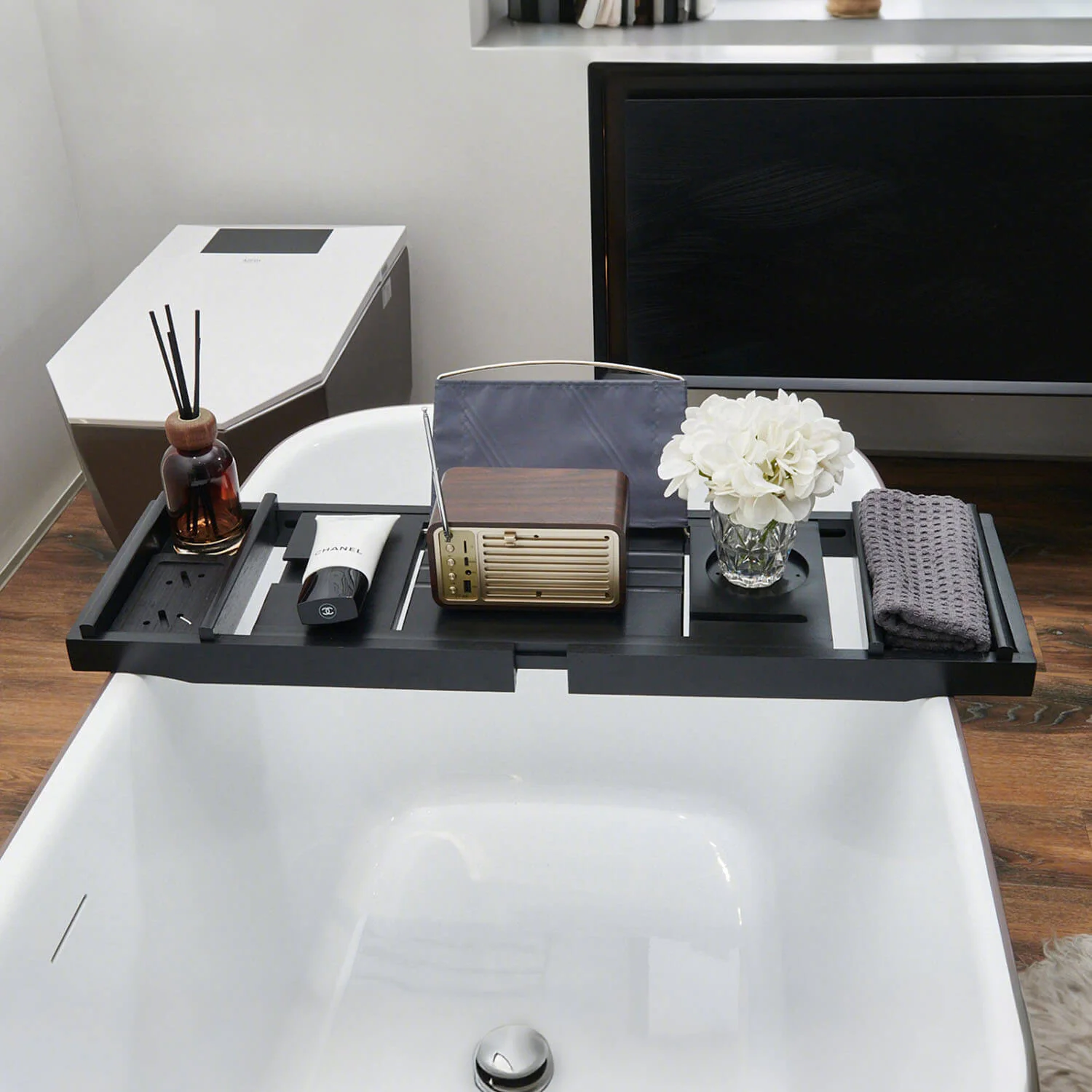 Mokleba Black Bamboo Bathtub Caddy Tray with Soap Tray, Tablet Holder - Image 3