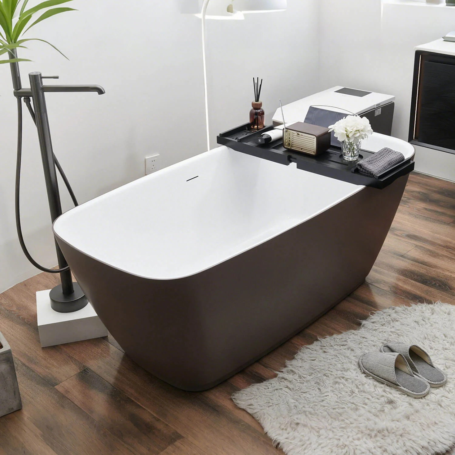 Mokleba Black Bamboo Bathtub Caddy Tray with Soap Tray, Tablet Holder - Image 4