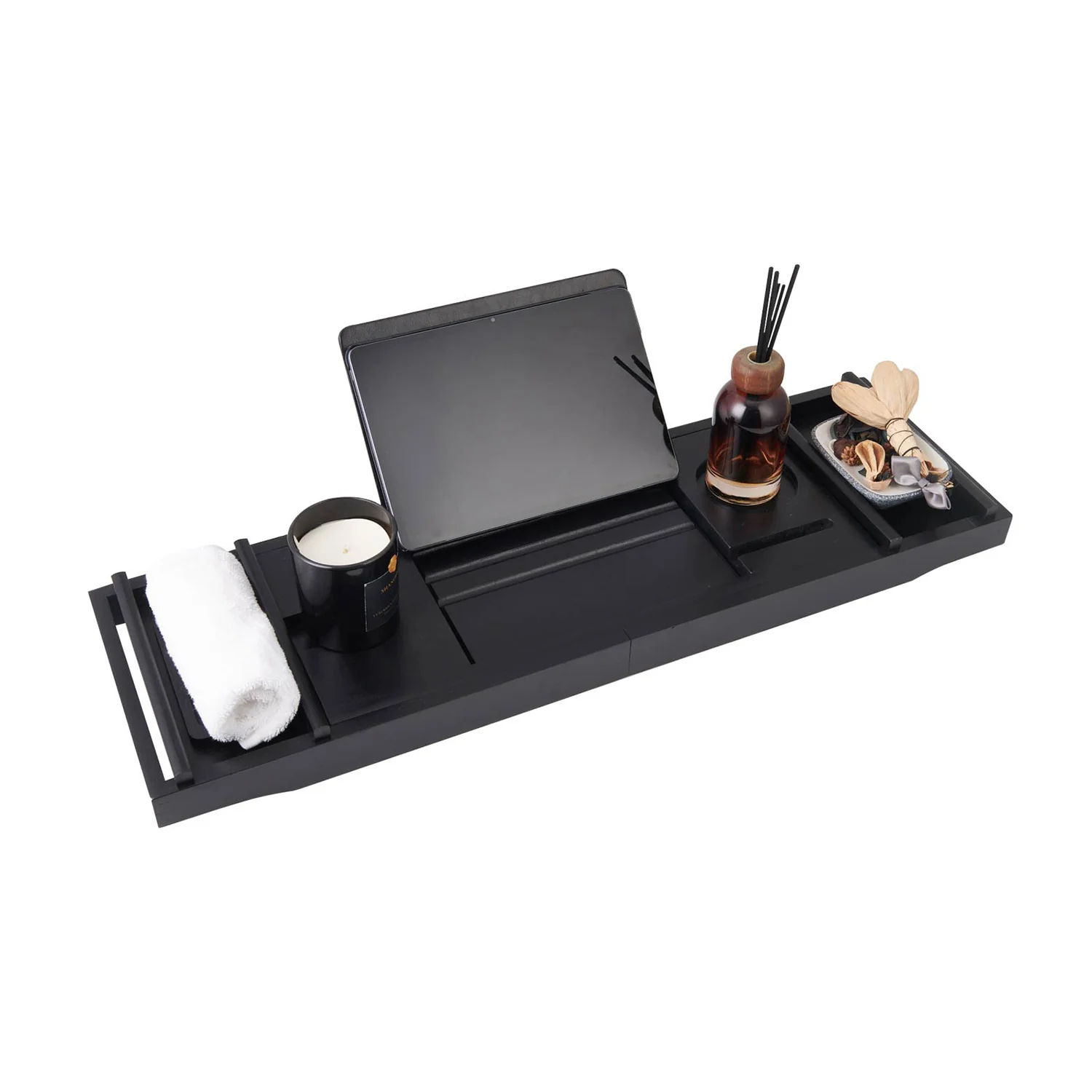Mokleba Black Bamboo Bathtub Caddy Tray with Soap Tray, Tablet Holder - Image 7