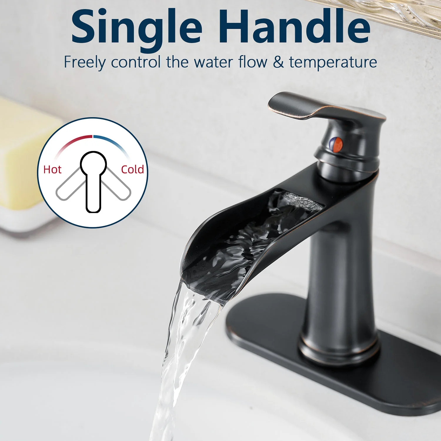 Oil-Rubbed Bronze Single Handle Waterfall Bathroom Faucet with Pop Up Drain and Deck Plate - Image 3