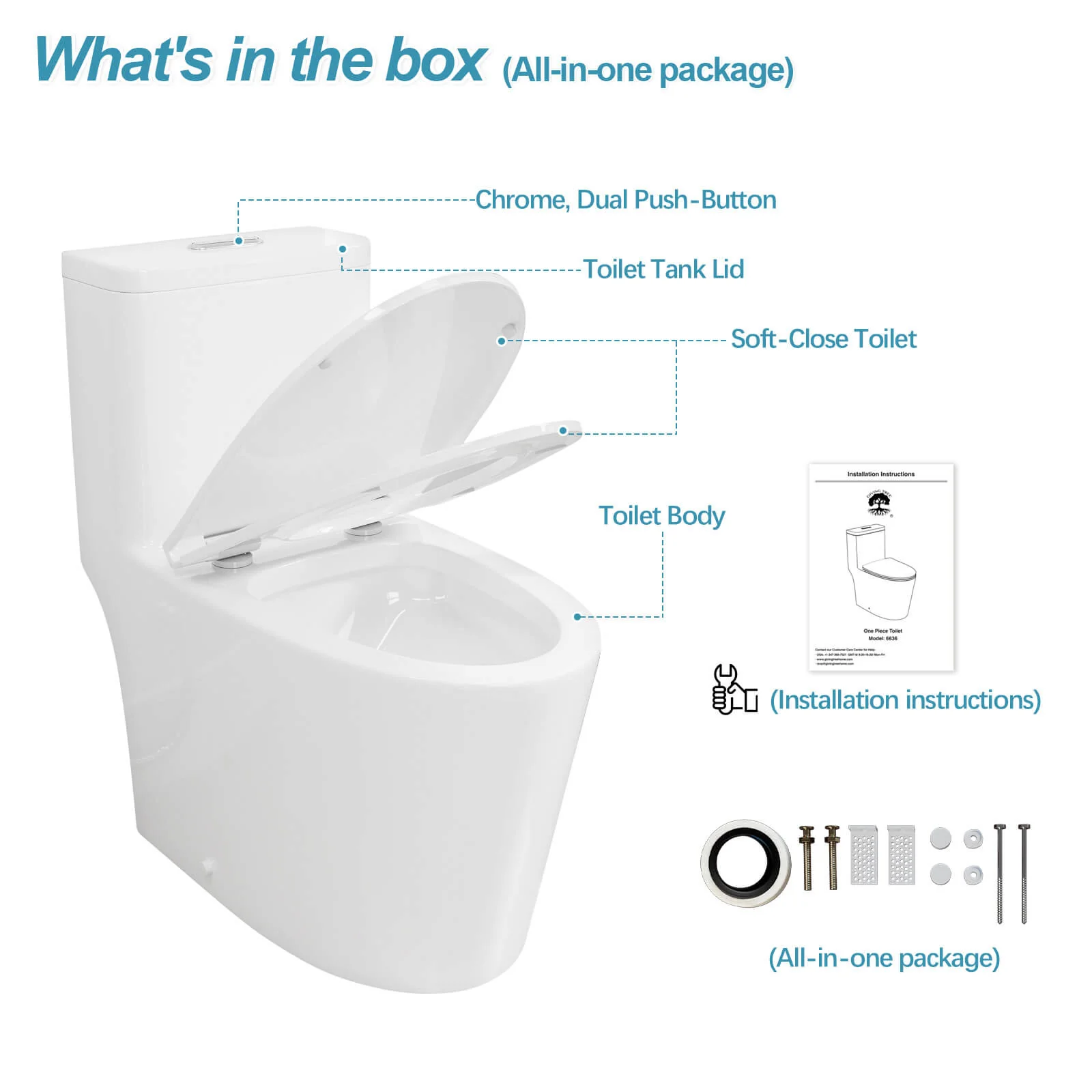 ADA Height One-Piece Toilet 1.1GPF/1.6 GPF Siphon Jet Dual Flushing with Toilet Seat - Image 14