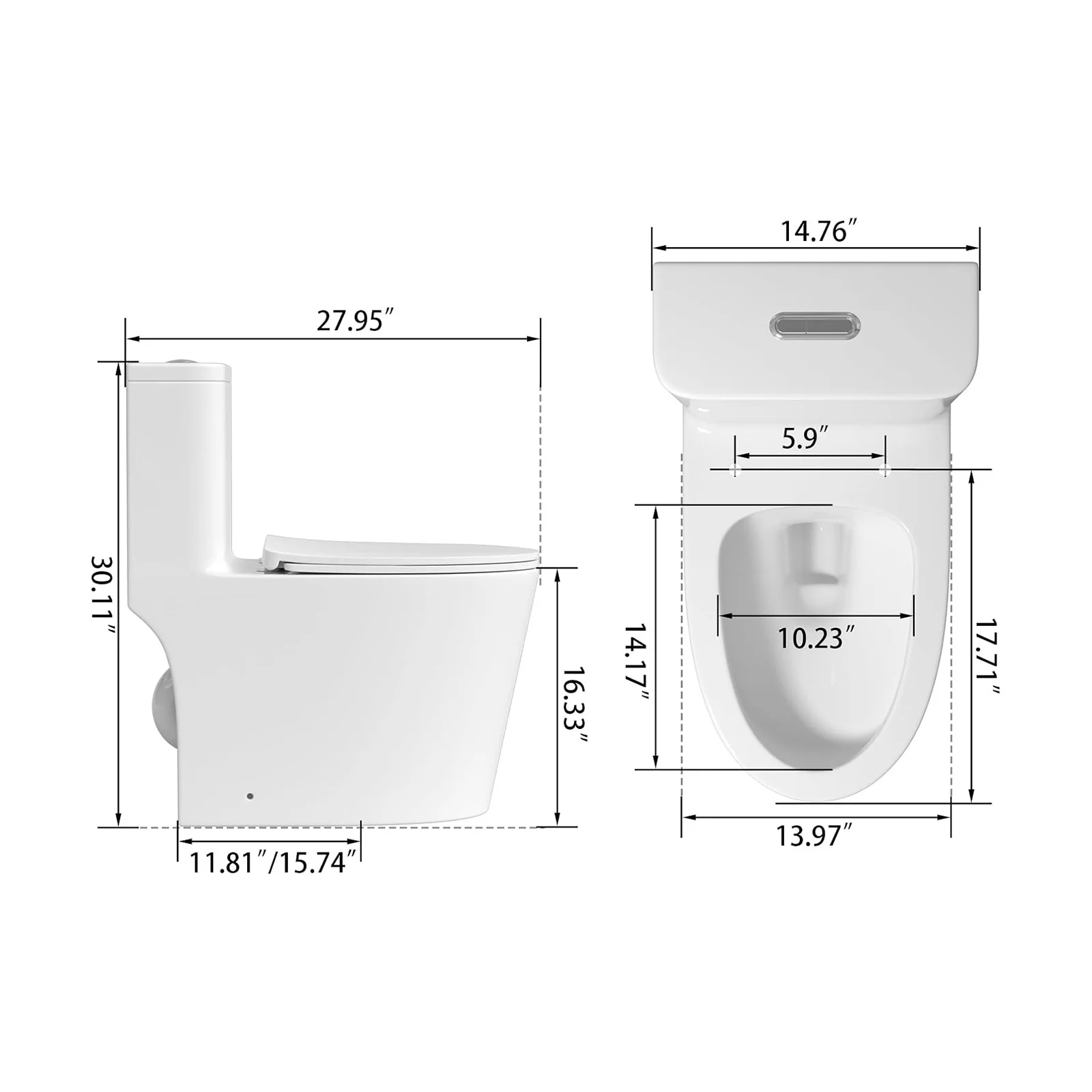 ADA Height One-Piece Toilet 1.1GPF/1.6 GPF Siphon Jet Dual Flushing with Toilet Seat - Image 15