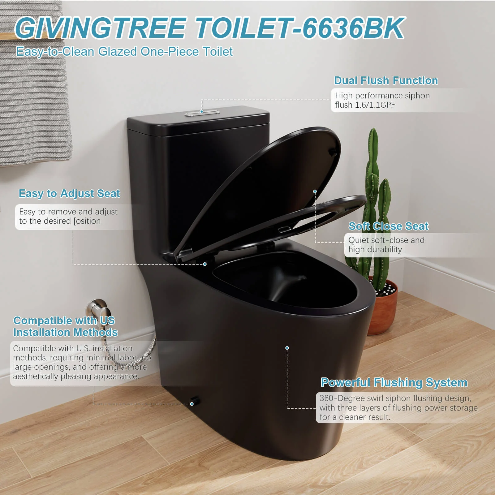 ADA Height One-Piece Toilet 1.1GPF/1.6 GPF Siphon Jet Dual Flushing with Toilet Seat - Image 22