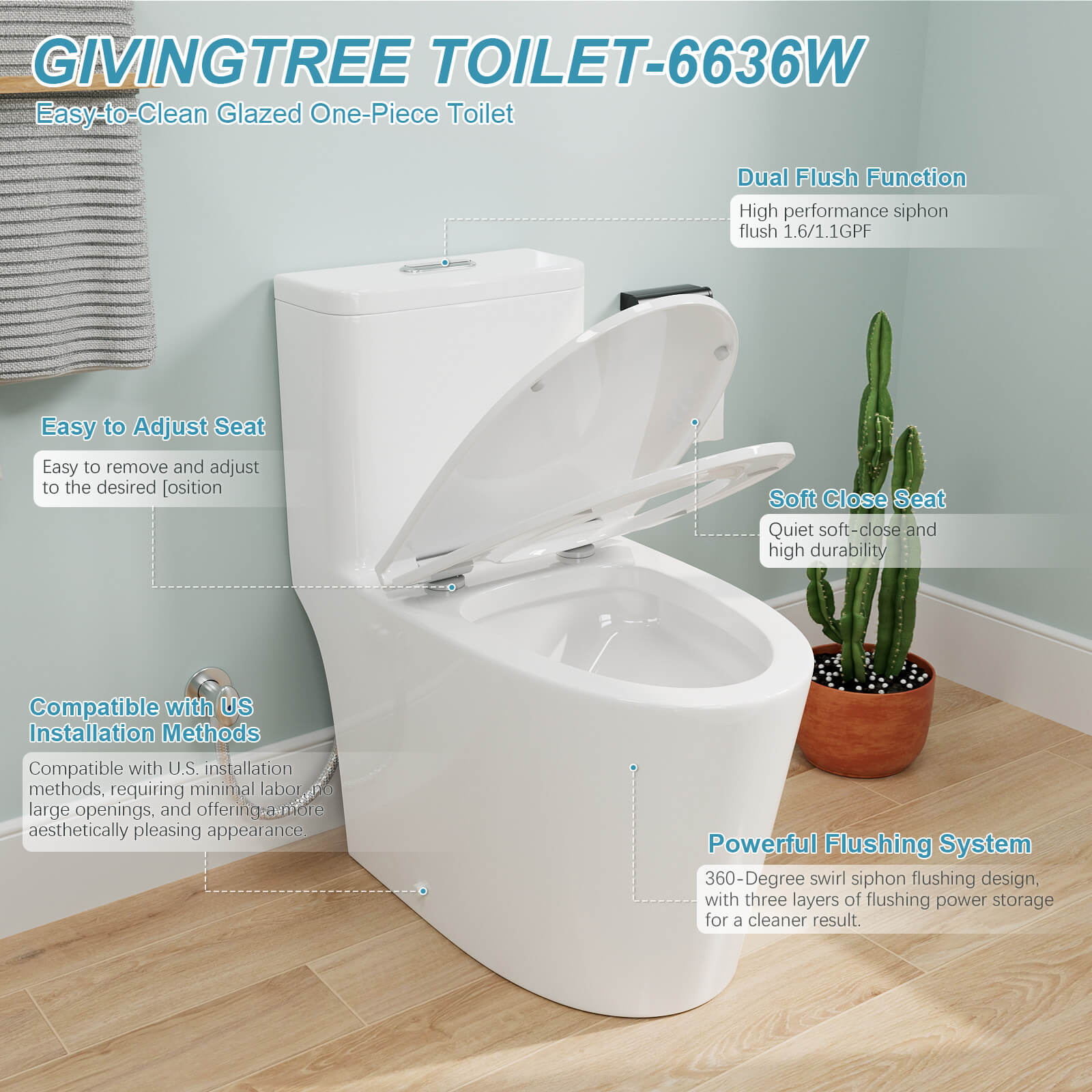 ADA Height One-Piece Toilet 1.1GPF/1.6 GPF Siphon Jet Dual Flushing with Toilet Seat - Image 5