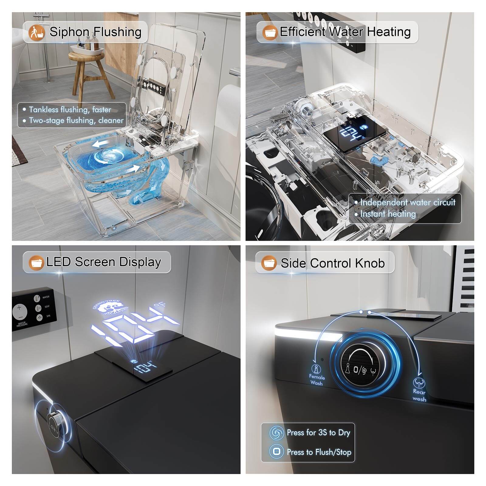 Giving Tree One-Piece Floor Mounted Square Smart Toilet with Remote Control and Automatic Cover - Image 11