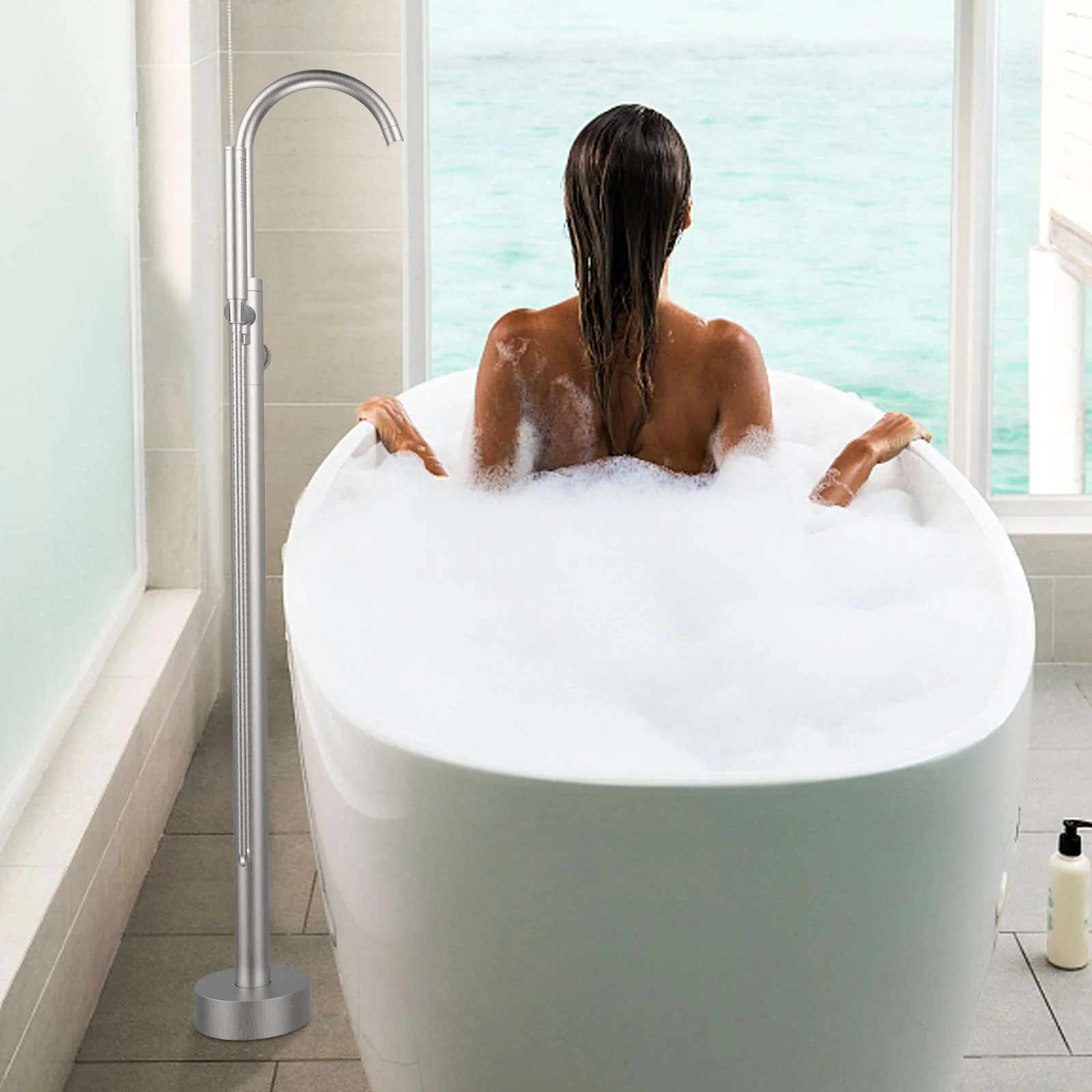 Retro Brass Single Handle Shower Freestanding Tub Filler Faucet, Floor Mounted & Bubble Former - Image 5