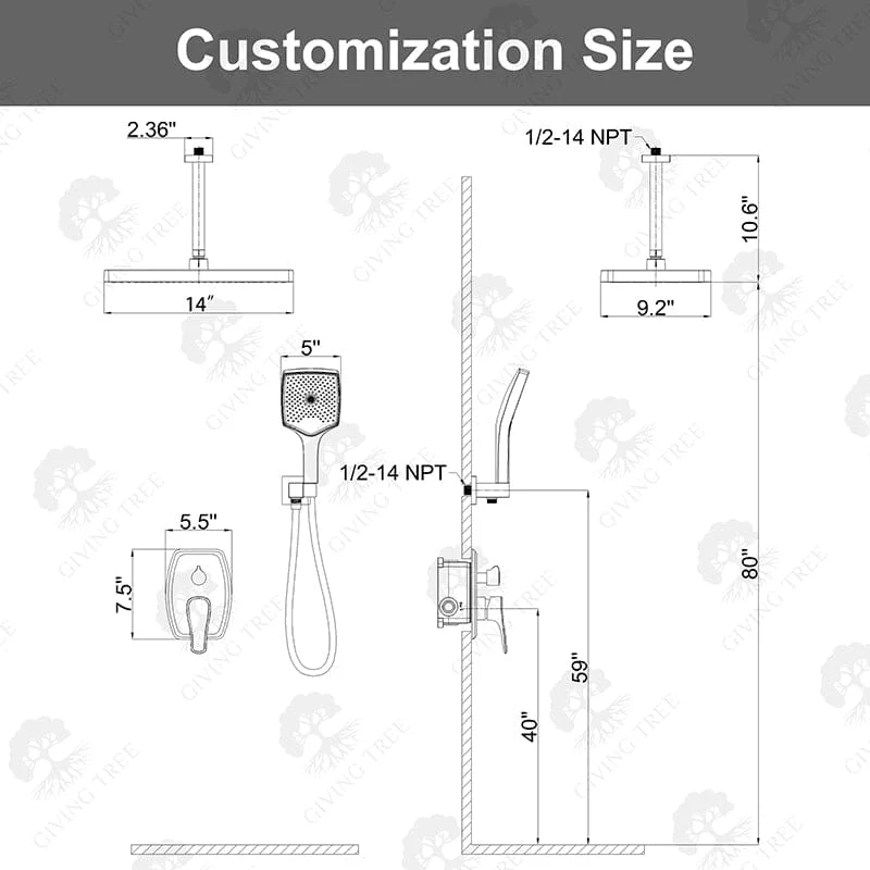 Shower Set 14" Rectangular Ceiling Shower Head with Hand Shower - Image 27