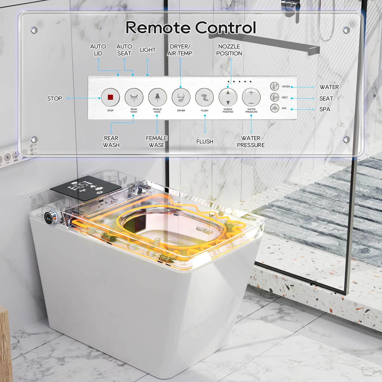 Giving Tree Smart Square One-Piece Floor Toilet with Remote Control and Automatic Cover - Image 39
