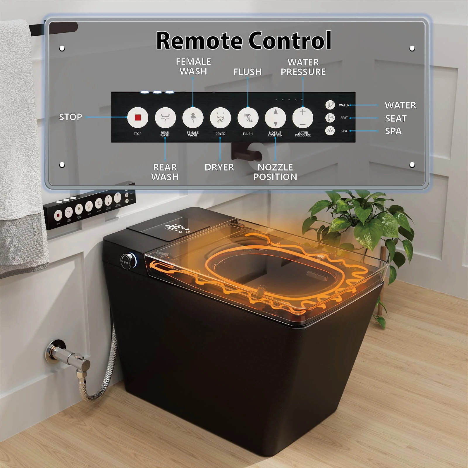 Square Smart Bidet Toilet with Water Tank, Radar Sensor, Heated Seat, Drying Function - Image 11