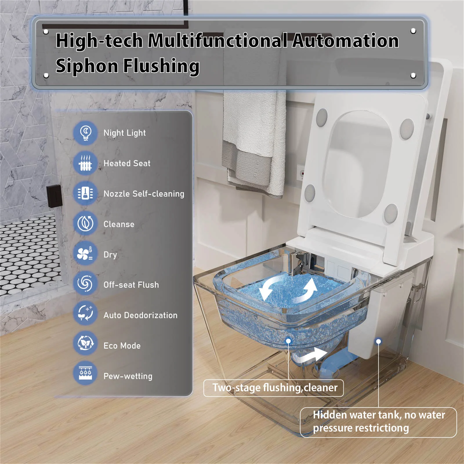 Square Smart Bidet Toilet with Water Tank, Radar Sensor, Heated Seat, Drying Function - Image 18