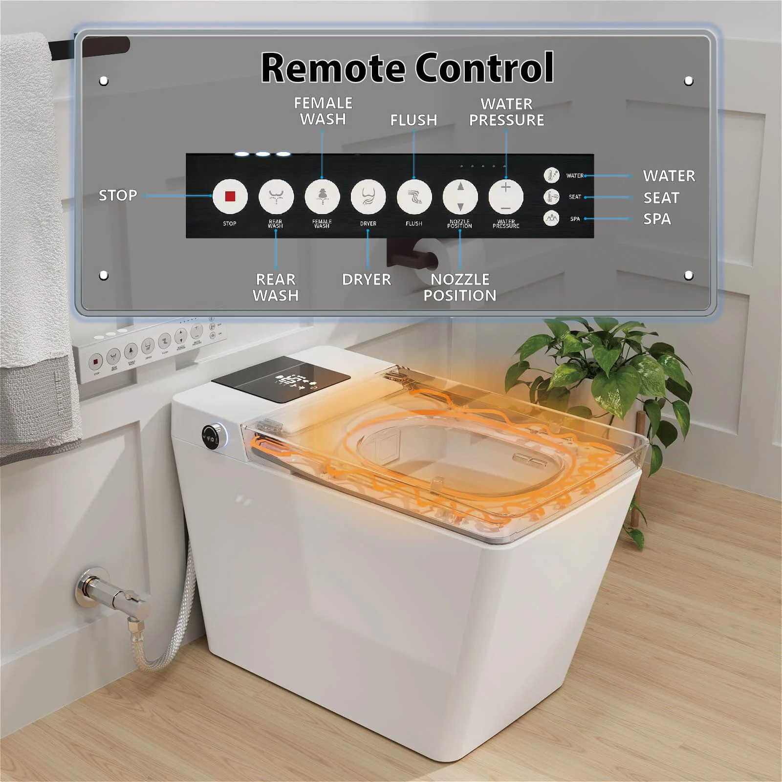 Square Smart Bidet Toilet with Water Tank, Radar Sensor, Heated Seat, Drying Function - Image 25